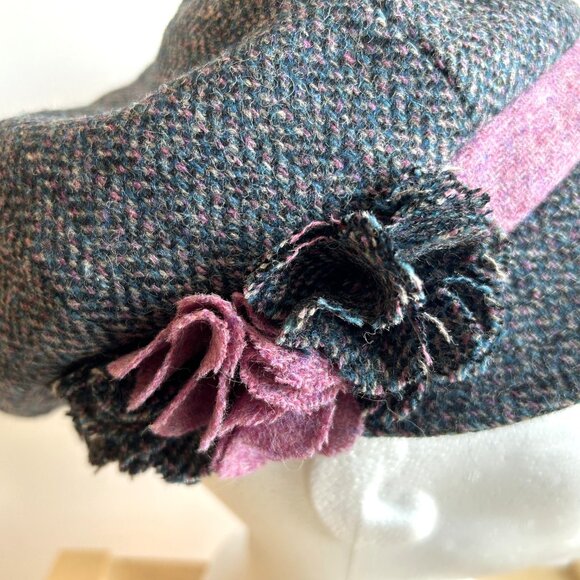 Peter James Blue and Pink Pure Wool Tweed Women's Hat With Flower - Picture 5 of 12